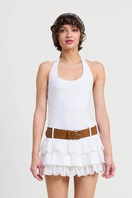 MINI HALTER EYELET DRESS - TIERED BELTED STYLE - Akana Style
