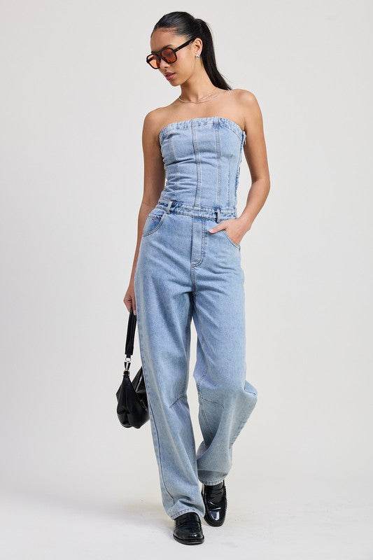 STRAPLESS DENIM JUMPSUIT - Akana Style
