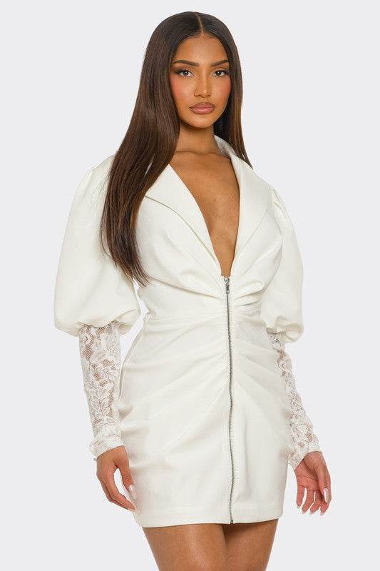 HALF PACK White Puff-Sleeve Zip-Up Dress - Akana Style