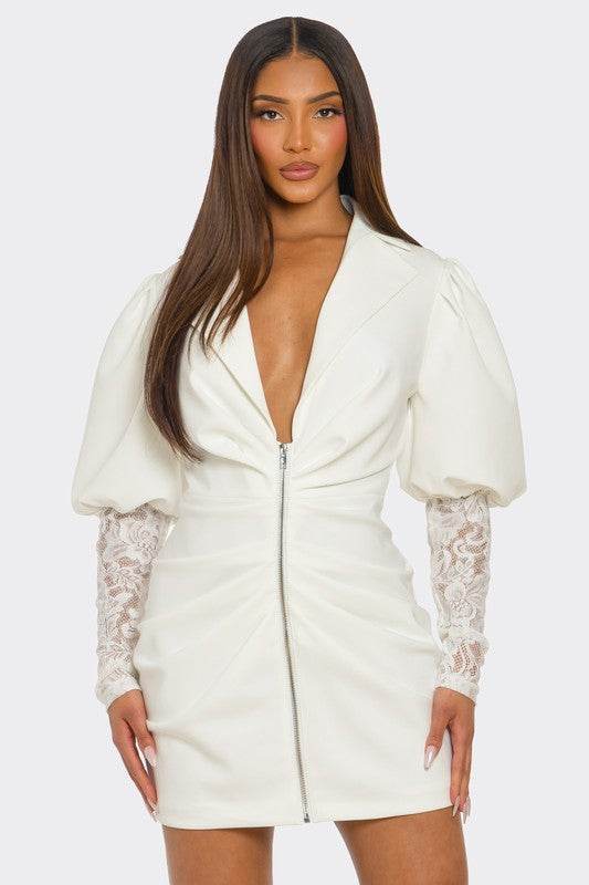 HALF PACK White Puff-Sleeve Zip-Up Dress - Akana Style