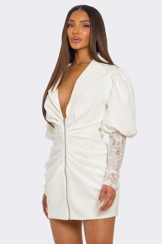 HALF PACK White Puff-Sleeve Zip-Up Dress - Akana Style