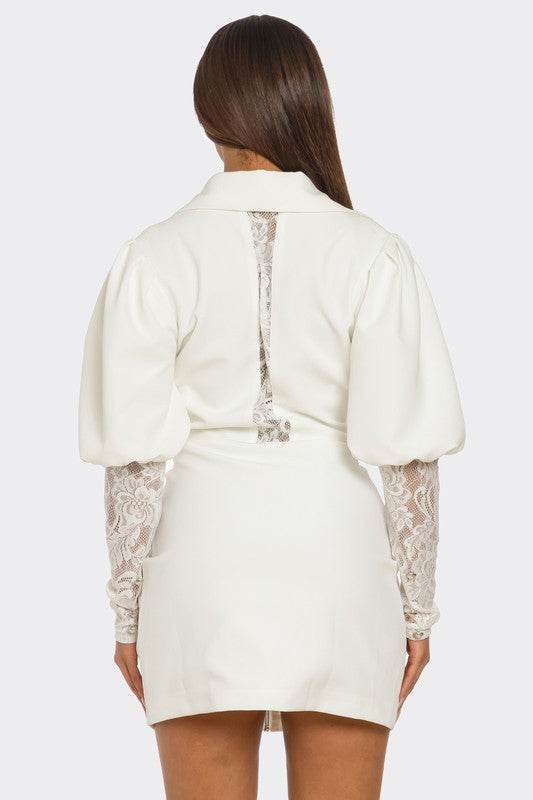 HALF PACK White Puff-Sleeve Zip-Up Dress - Akana Style