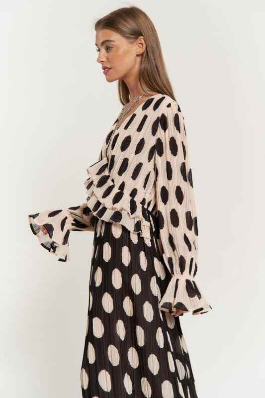 Polka Dot Maxi Dress with Ruffled Long Sleeves and Pleated Design - Akana Style