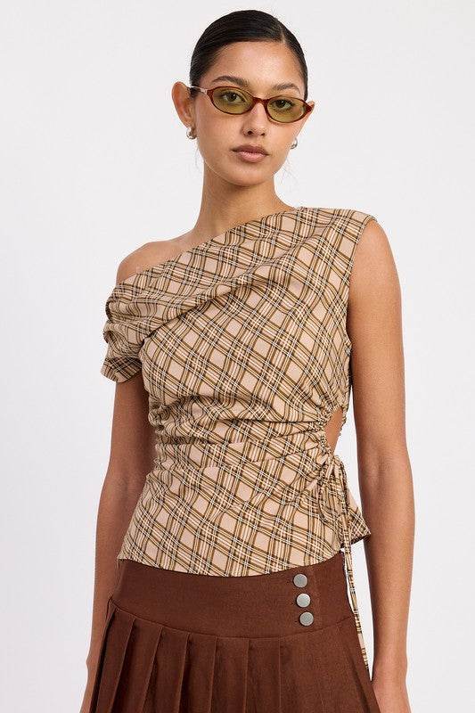 Asymmetric One Shoulder Plaid Top with Ruched Design for Trendy Style - Akana Style