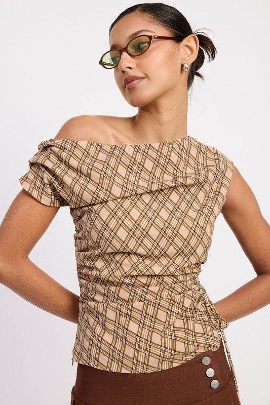 Asymmetric One Shoulder Plaid Top with Ruched Design for Trendy Style - Akana Style