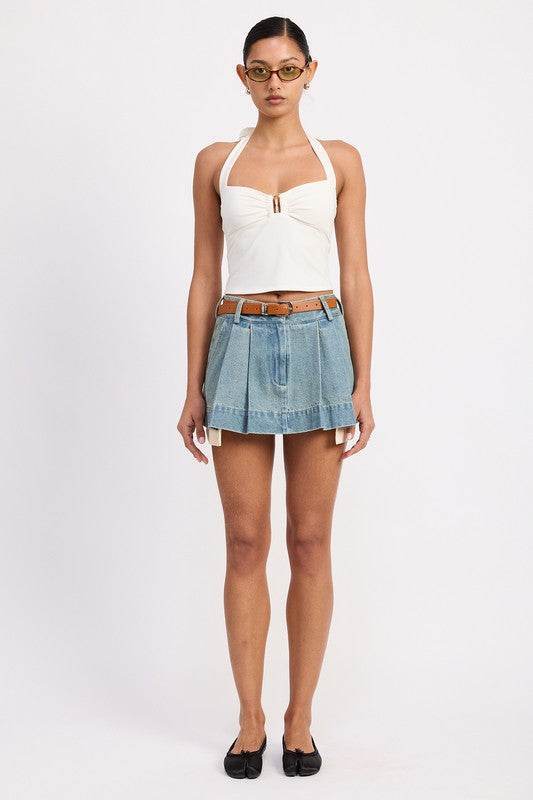 PLEATED DENIM MINI SKIRT WITH CONTRAST HEM DETAIL - Akana Style