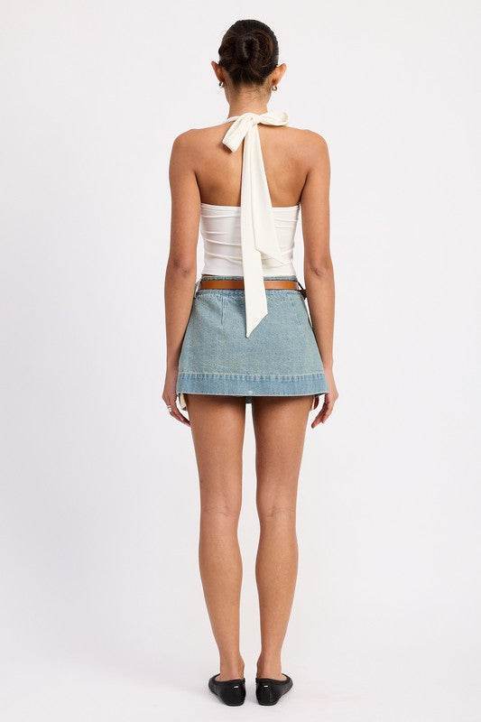 PLEATED DENIM MINI SKIRT WITH CONTRAST HEM DETAIL - Akana Style
