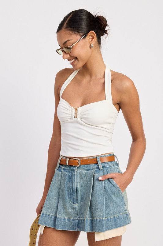 PLEATED DENIM MINI SKIRT WITH CONTRAST HEM DETAIL - Akana Style