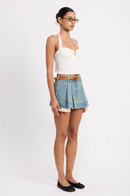 PLEATED DENIM MINI SKIRT WITH CONTRAST HEM DETAIL - Akana Style