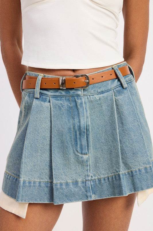 PLEATED DENIM MINI SKIRT WITH CONTRAST HEM DETAIL - Akana Style