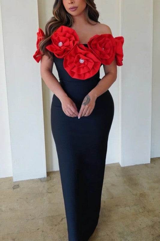 Sculpted Floral Gown with Elegant Applique Design - Akana Style