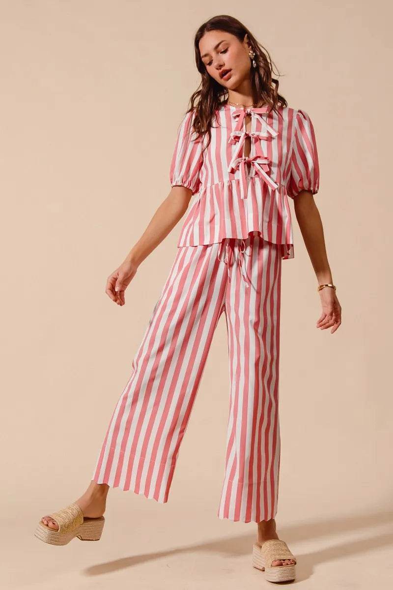 Front Tie Stripe Top Set with Puff Sleeves and Wide Leg Pants - Akana Style