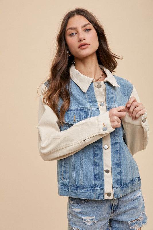 Collared Neck Denim Jacket with Double Placket Design - Akana Style