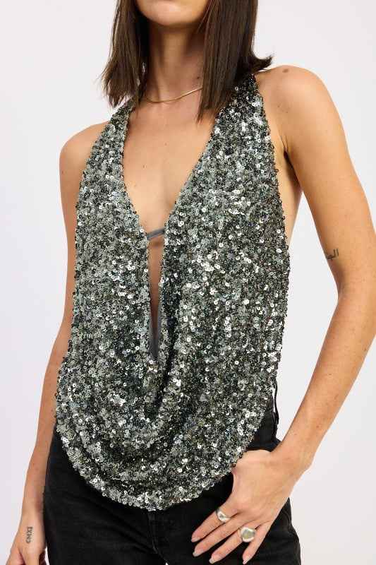 SEQUIN COWL DRAPE HALTER TOP