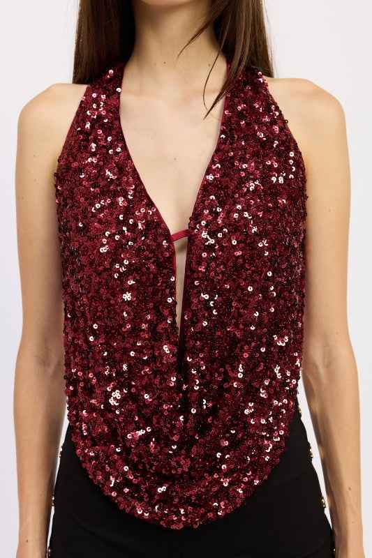 SEQUIN COWL DRAPE HALTER TOP