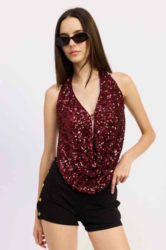 SEQUIN COWL DRAPE HALTER TOP