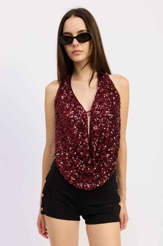SEQUIN COWL DRAPE HALTER TOP