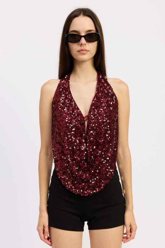 SEQUIN COWL DRAPE HALTER TOP