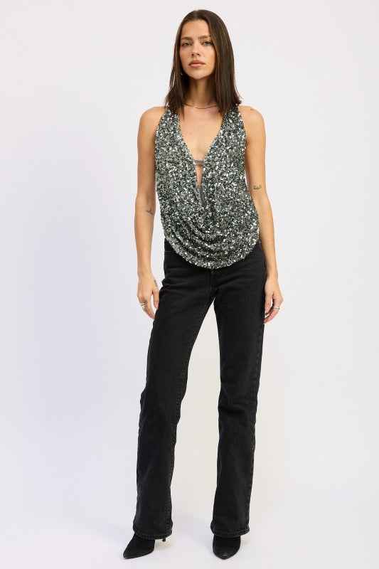 SEQUIN COWL DRAPE HALTER TOP