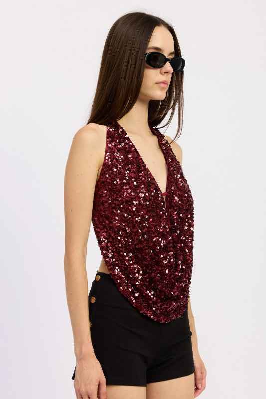 SEQUIN COWL DRAPE HALTER TOP