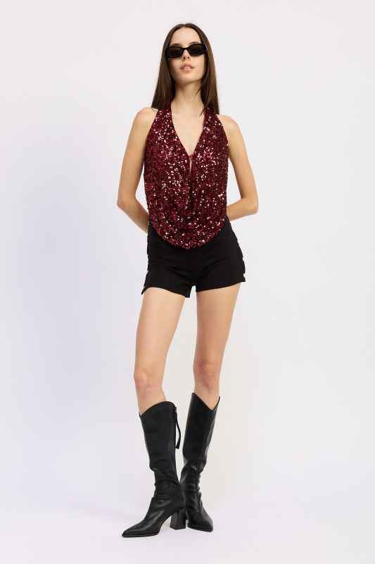 SEQUIN COWL DRAPE HALTER TOP