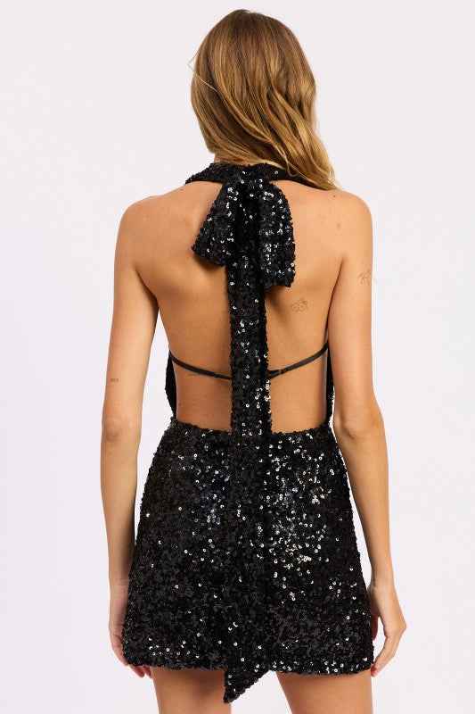 SEQUIN HALTER SCARF MINI DRESS