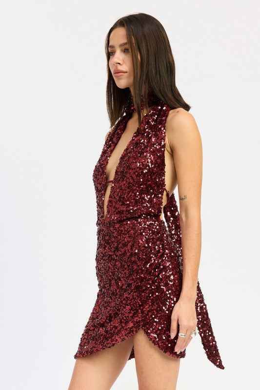 SEQUIN HALTER SCARF MINI DRESS