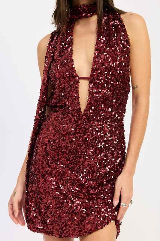 SEQUIN HALTER SCARF MINI DRESS