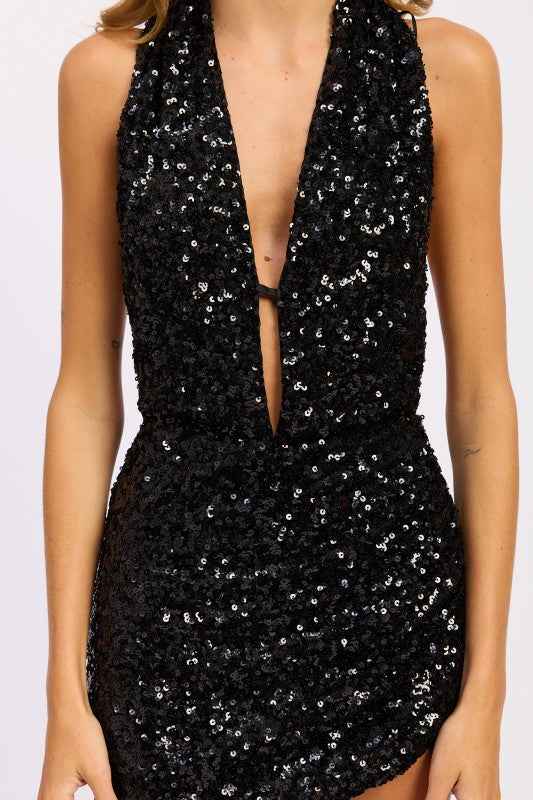 SEQUIN HALTER SCARF MINI DRESS