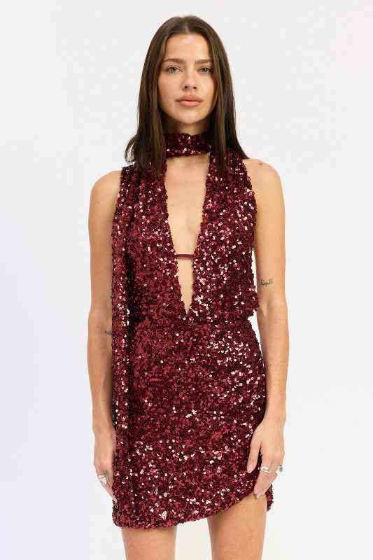 SEQUIN HALTER SCARF MINI DRESS