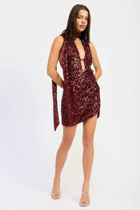 SEQUIN HALTER SCARF MINI DRESS