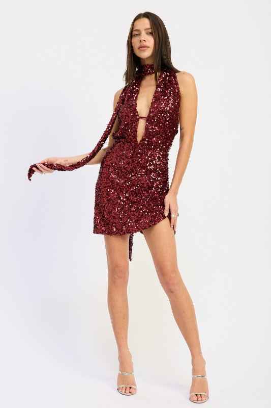 SEQUIN HALTER SCARF MINI DRESS
