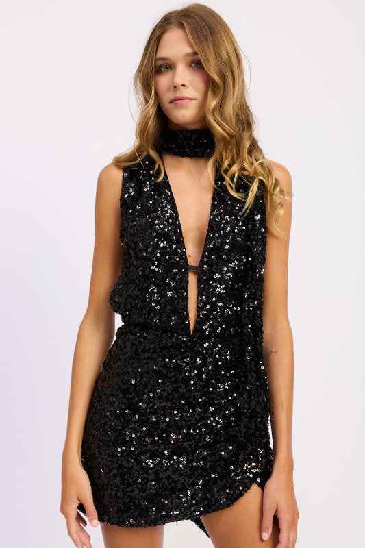 SEQUIN HALTER SCARF MINI DRESS