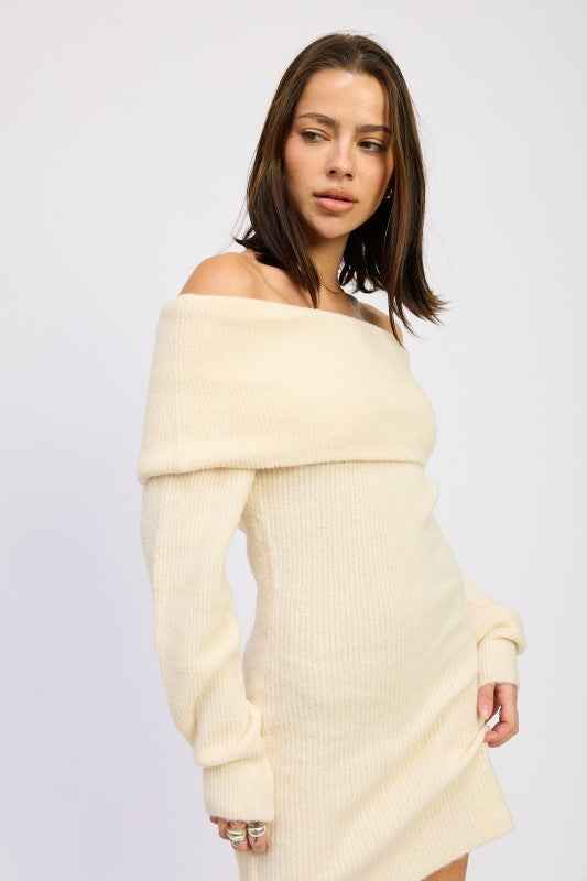 LONG SLEEVE OFF SHOULDER MINI KNIT DRESS