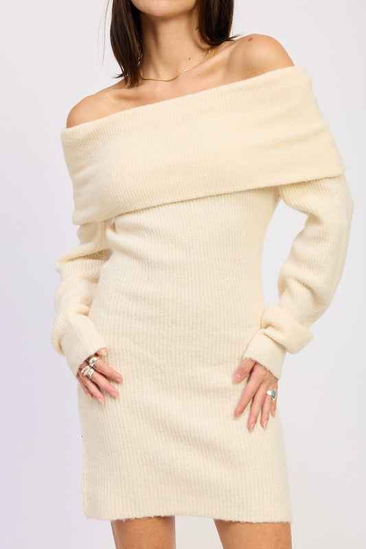 LONG SLEEVE OFF SHOULDER MINI KNIT DRESS
