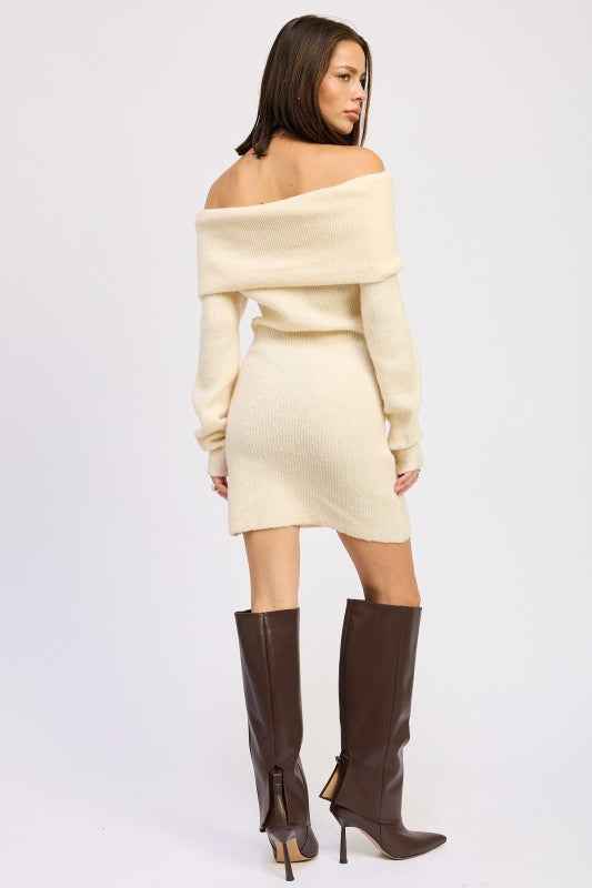 LONG SLEEVE OFF SHOULDER MINI KNIT DRESS