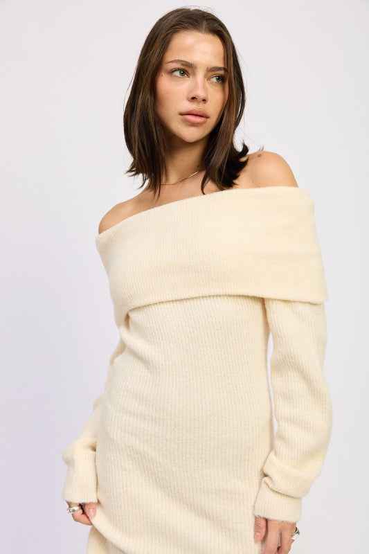 LONG SLEEVE OFF SHOULDER MINI KNIT DRESS