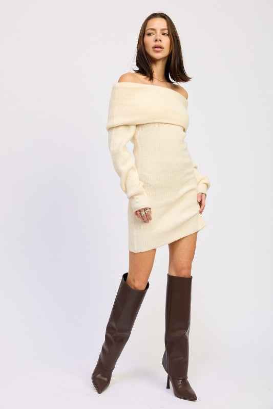 LONG SLEEVE OFF SHOULDER MINI KNIT DRESS