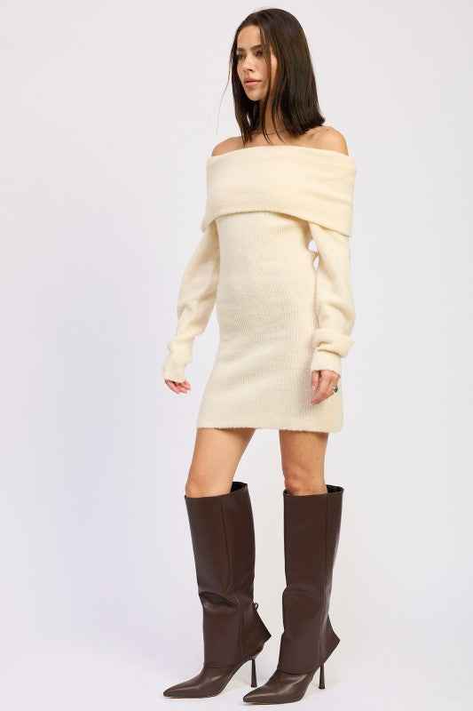 LONG SLEEVE OFF SHOULDER MINI KNIT DRESS