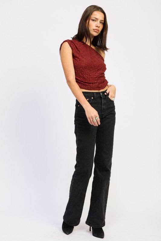 RUCHED ONE SHOULDER LACE TOP WITH RHINESTONES - Akana Style