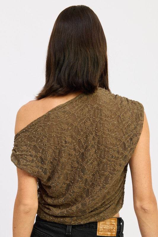 RUCHED ONE SHOULDER LACE TOP WITH RHINESTONES - Akana Style