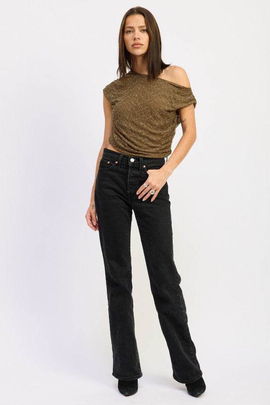 RUCHED ONE SHOULDER LACE TOP WITH RHINESTONES - Akana Style
