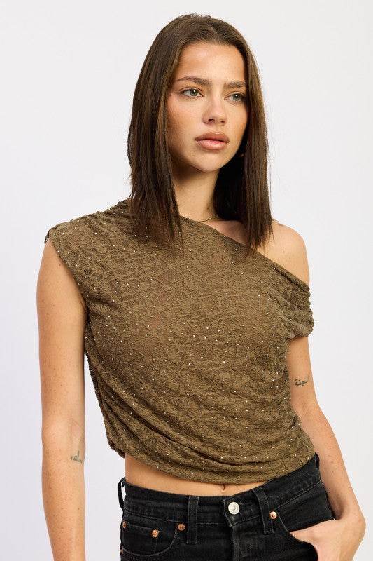 RUCHED ONE SHOULDER LACE TOP WITH RHINESTONES - Akana Style
