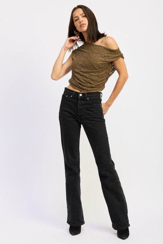 RUCHED ONE SHOULDER LACE TOP WITH RHINESTONES - Akana Style
