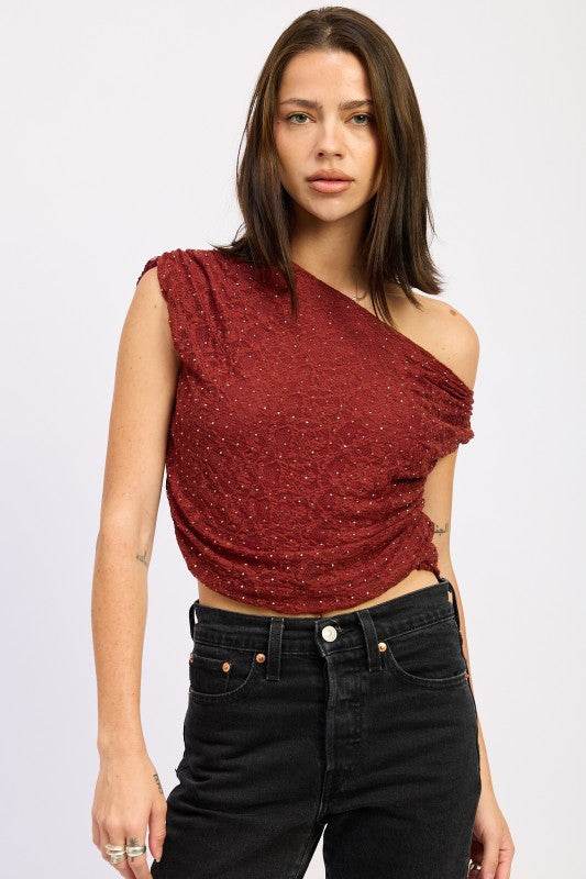 RUCHED ONE SHOULDER LACE TOP WITH RHINESTONES - Akana Style
