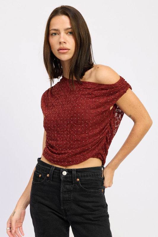 RUCHED ONE SHOULDER LACE TOP WITH RHINESTONES - Akana Style
