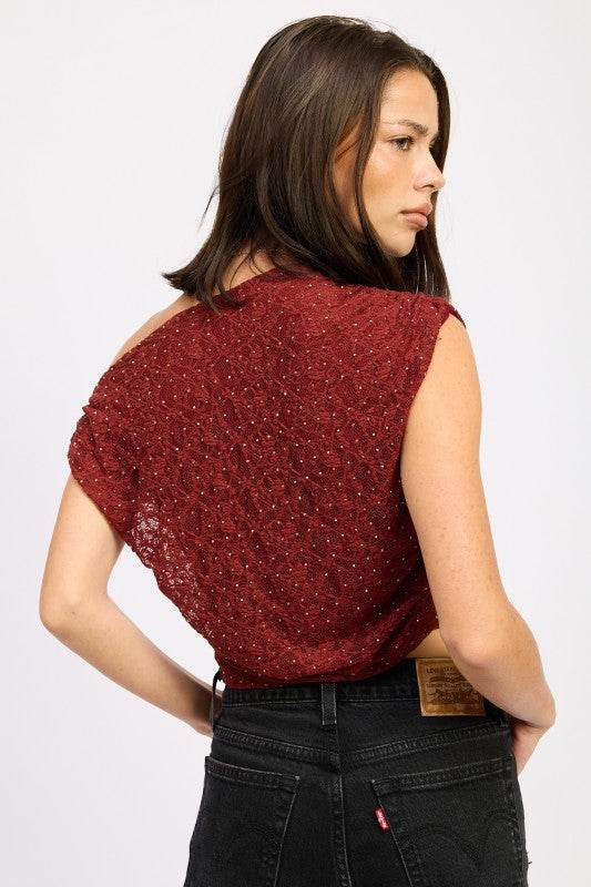 RUCHED ONE SHOULDER LACE TOP WITH RHINESTONES - Akana Style