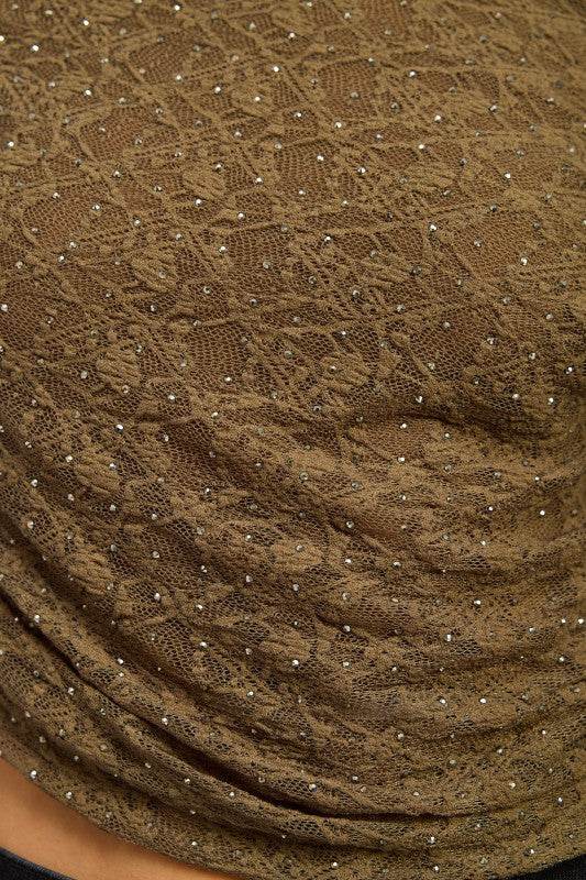 RUCHED ONE SHOULDER LACE TOP WITH RHINESTONES - Akana Style
