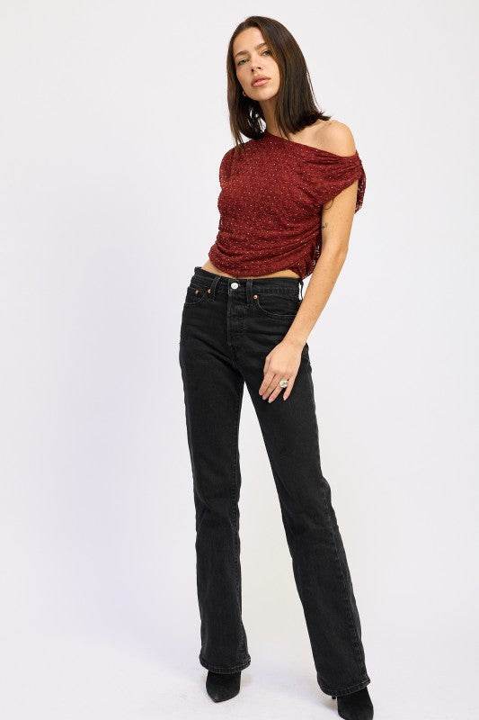 RUCHED ONE SHOULDER LACE TOP WITH RHINESTONES - Akana Style