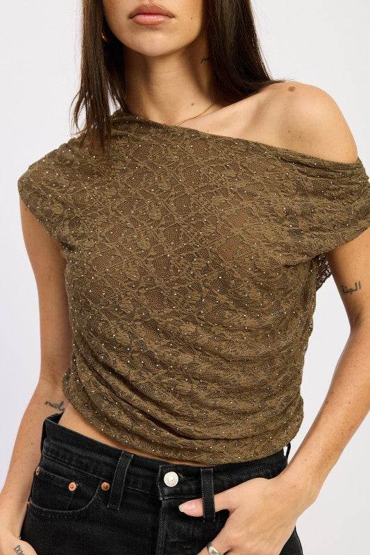 RUCHED ONE SHOULDER LACE TOP WITH RHINESTONES - Akana Style